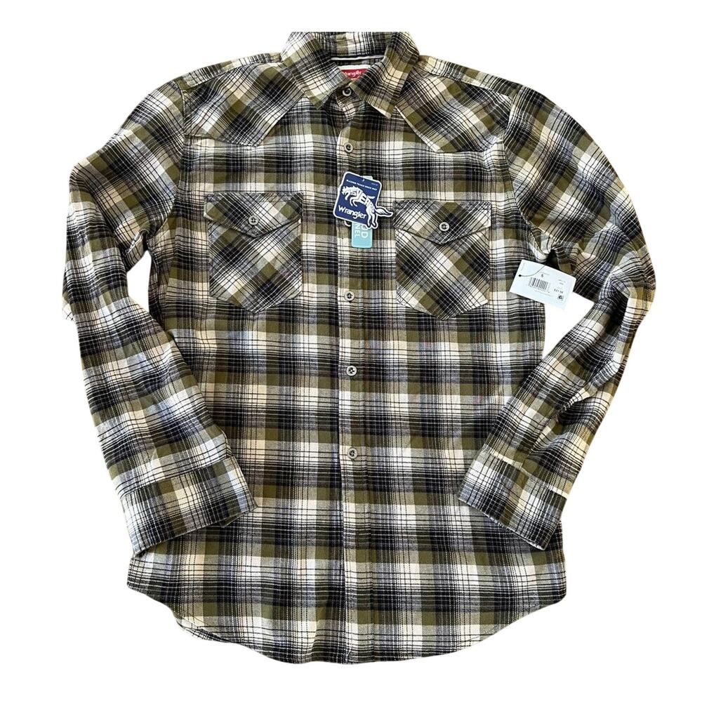 Wrangler Green Black Plaid flannel Button Down Shirt, NWT, Men's size S